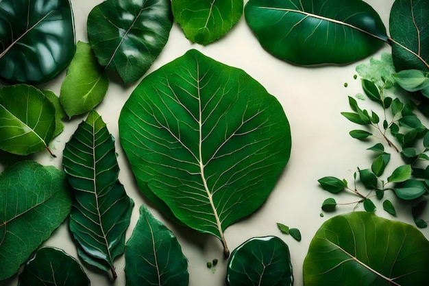 Composición de hojas verdes colocadas planas con espacio libre para copiar fondo de ágata