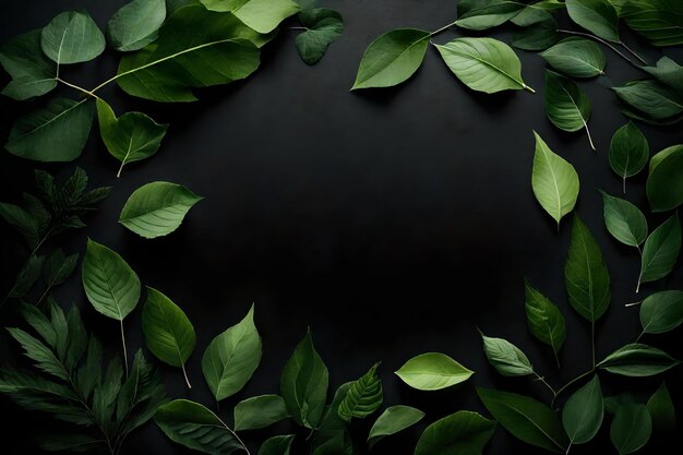 Composición de hojas verdes plana con espacio libre para copiar fondo de papel negro