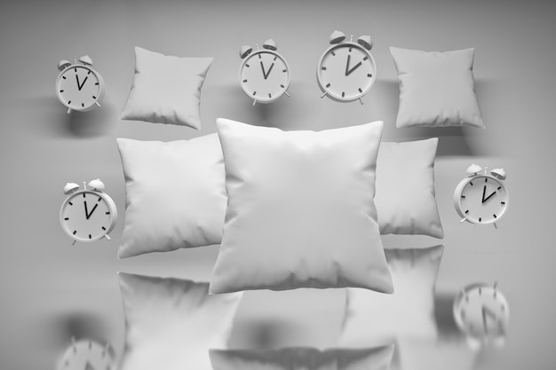 Composición de la hora de dormir por la mañana con muchas almohadas y relojes voladores sobre la superficie del espejo