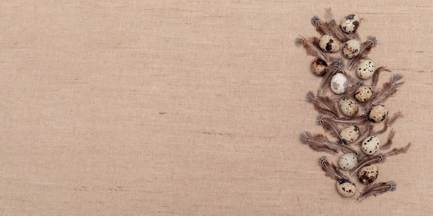 composición de huevos de codorniz para postales de pascua con textura de lino natural y plumas marrones