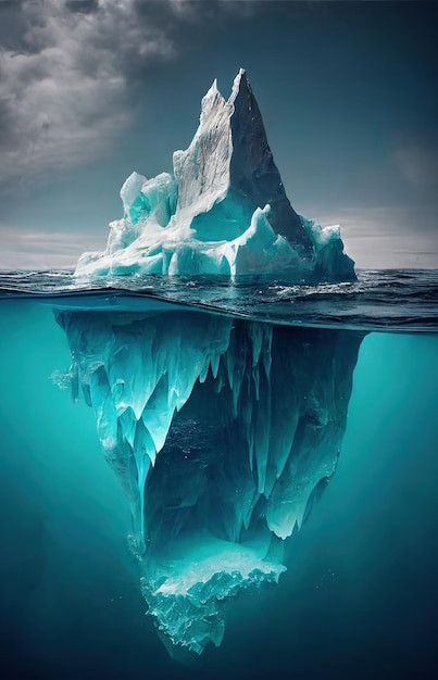 Foto composición del iceberg reflejado en el mar sobre las nubes creado con tecnología generativa de inteligencia artificial