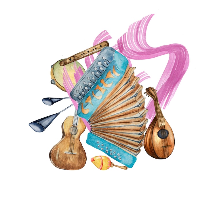 Foto composición de ilustración de acuarela de acordeón y fondo de trazo de pintura aislado