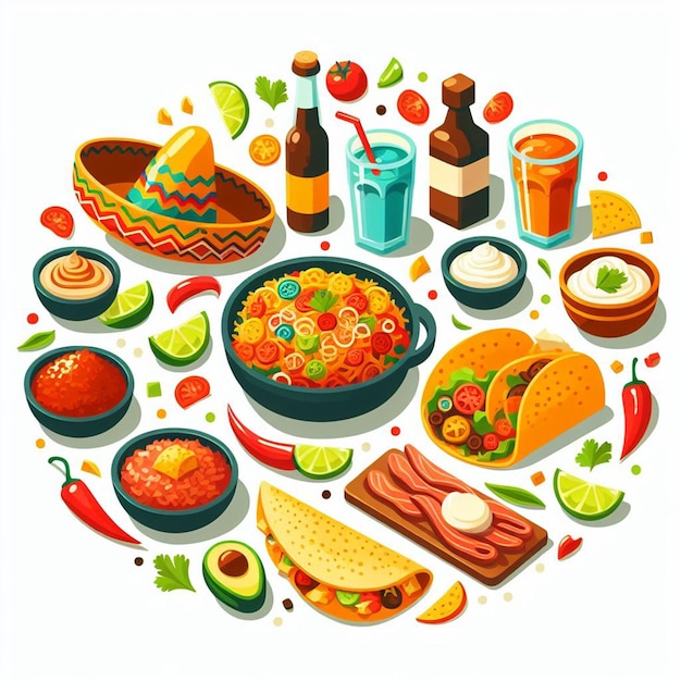 Composición de ilustración plana de comida mexicana aislada en blanco