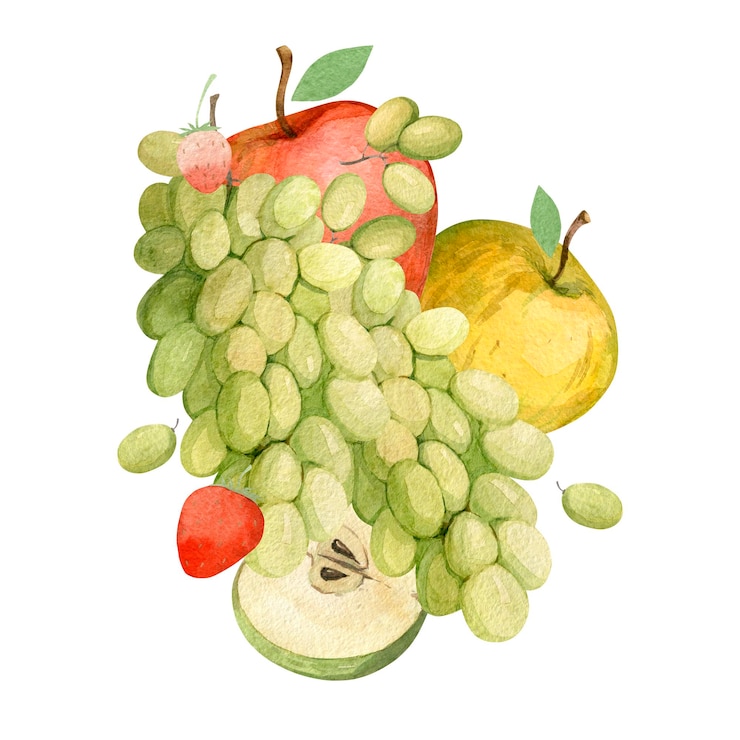 Composición de ilustraciones en acuarela de frutas Ilustración para diseño e impresión para blog o sitio web de tiendas naturistas