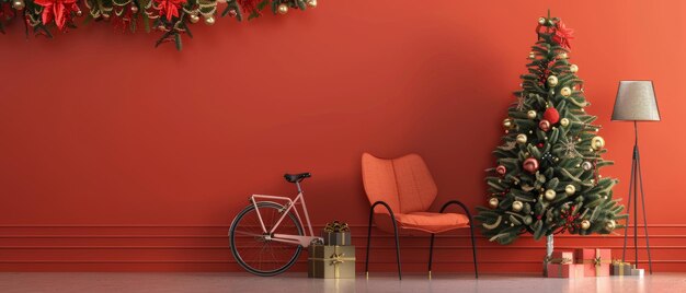 Foto una composición imaginativa de un árbol de navidad una silla una bicicleta una lámpara y una escalera el interior navideño está compuesto sobre un fondo rojo