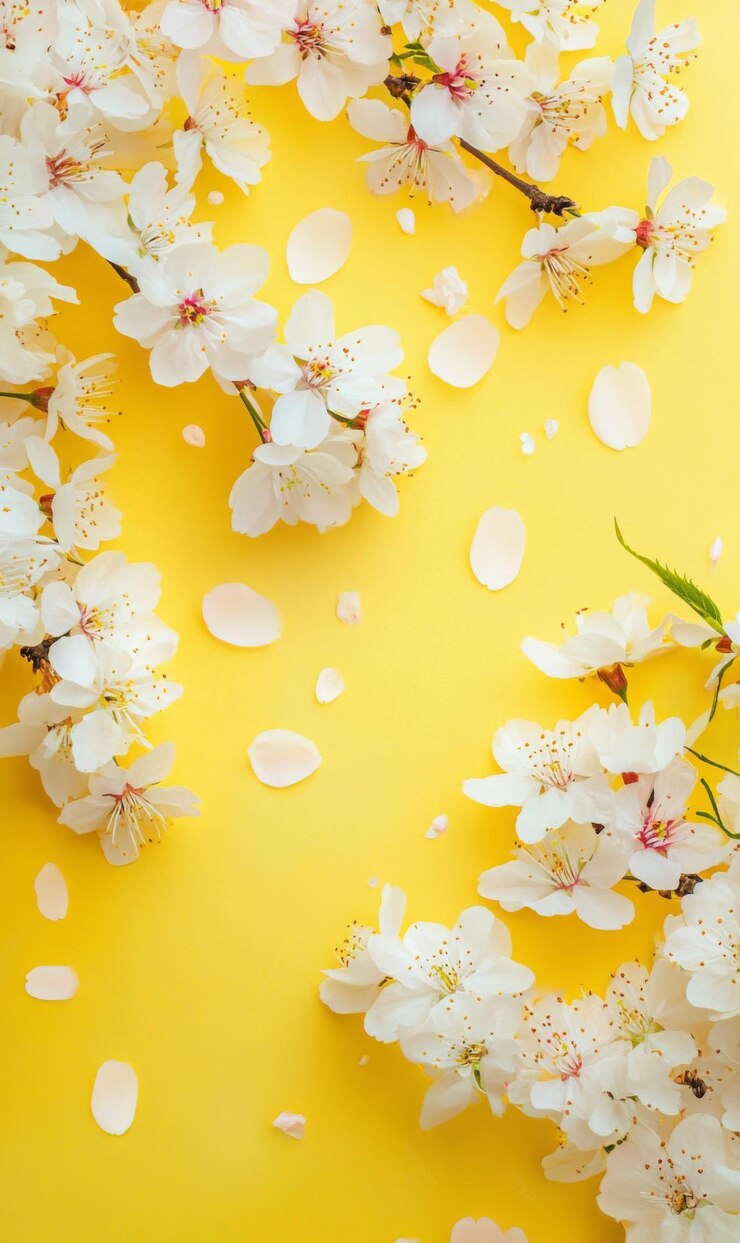 Composición inspirada en la primavera con flores de cerezo y telón de fondo amarillo pastel claro tonos frescos y vivos con un amplio espacio de copia