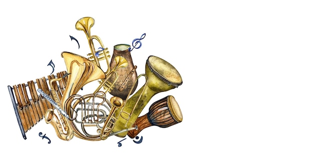 Composición de instrumentos musicales de viento y tambores acuarela ilustración aislada