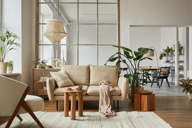 Composición interior de la sala de estar moderna con sofá beige, mesa de centro de madera y accesorios para el hogar modernos Espacio de copia de plantilla Comedor en el fondo
