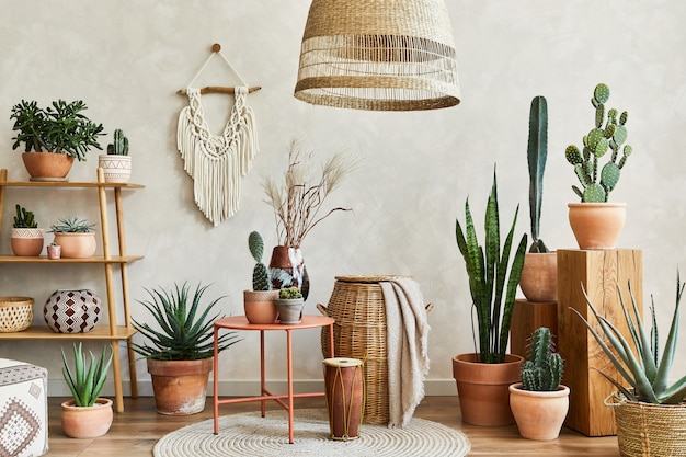 Composición del interior de la sala de estar con plantas de copia, cactus y accesorios boho.