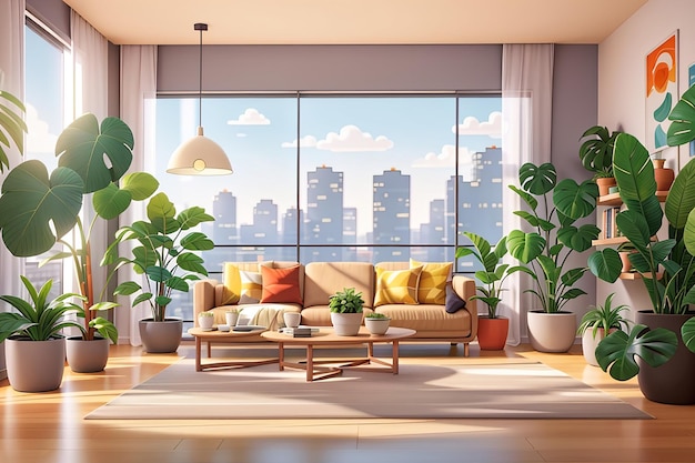 Composición interior de la sala de estar con vista interior de un apartamento moderno con pinturas murales y plantas en macetas ilustración vectorial