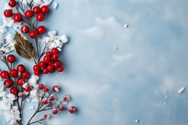 Composición de invierno navideña copos de nieve y bayas rojas sobre fondo azul creados con generativo A