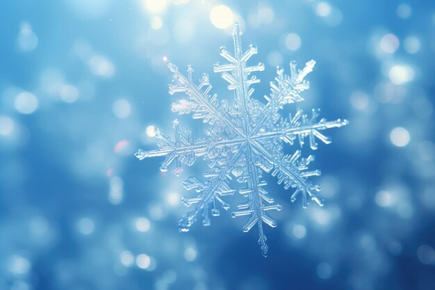 Composición de invierno con un solo copo de nieve sobre fondo abstracto Cristal de nieve de cerca