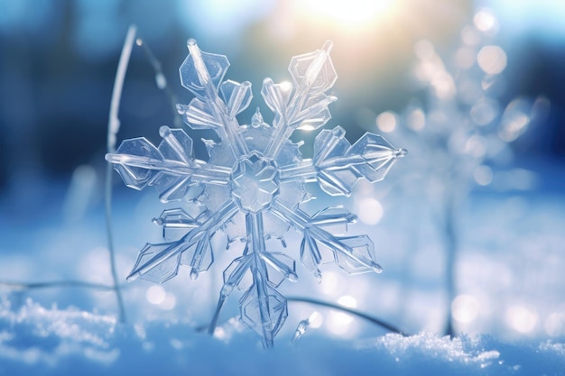 Composición de invierno con un solo copo de nieve sobre fondo abstracto Cristal de nieve de cerca