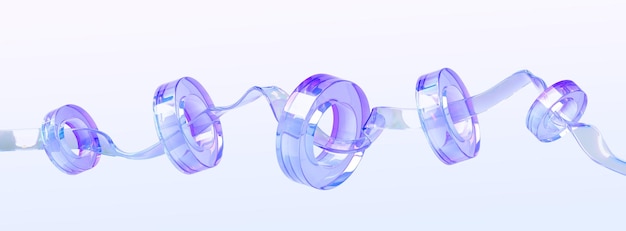 Composición iridiscente de vidrio con cinta ondulada voladora y anillos de holograma 3d Render Flujo de agua líquida del arco iris con formas geométricas y textura degradada aislada sobre fondo abstracto