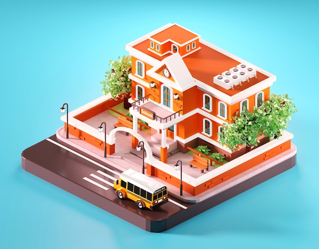 Composición isométrica de la escuela, incluido el autobús escolar. Ilustración 3D