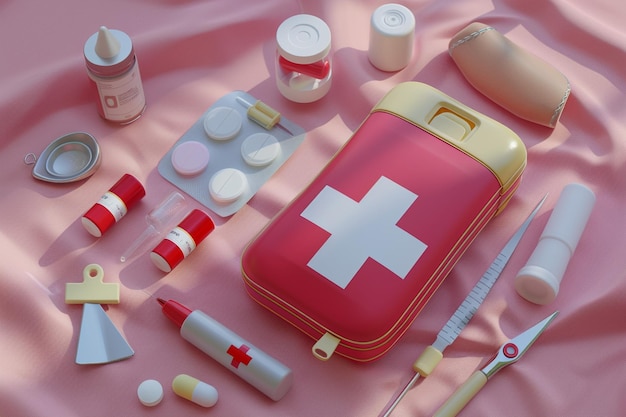 Composición isométrica de la farmacia de medicamentos con el contenido de la bolsa de primeros auxilios