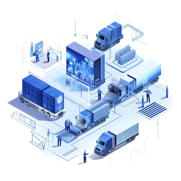 composición isométrica del tema de logística tecnológica sobre un fondo completamente blanco azul azul s