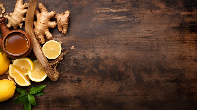 Foto composición con jengibre limón y canela para la gripe en un fondo de madera