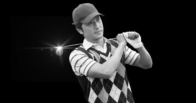 Composición del jugador de golf masculino asiático con club de golf con espacio de copia en blanco y negro