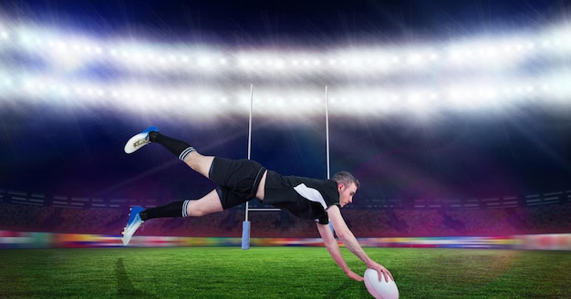 Composición del jugador de rugby masculino atrapando la pelota en el estadio