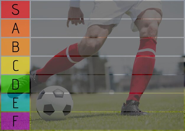 Foto composición de la lista de niveles de colores y la cuadrícula sobre el jugador de fútbol en acción pateando la pelota