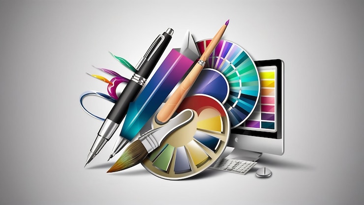 Foto composición de logotipos de diseño gráfico con herramientas y esquemas de color.