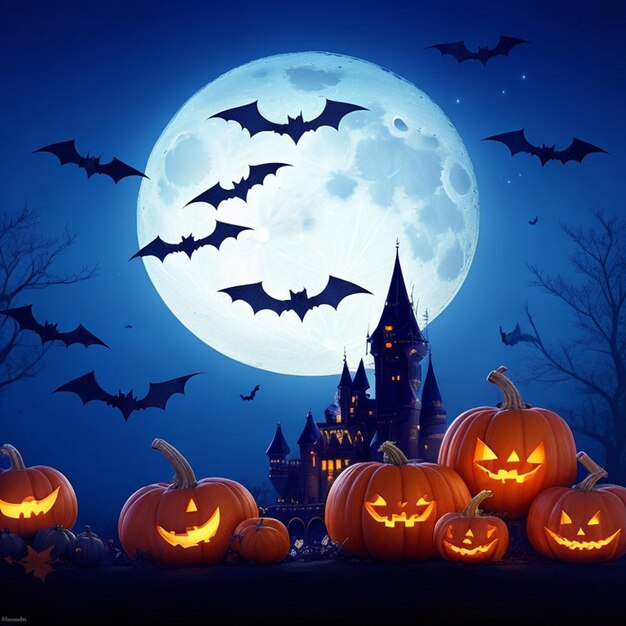 composición de la luna de la noche de halloween con calabazas brillantes, castillo vintage y murciélagos
