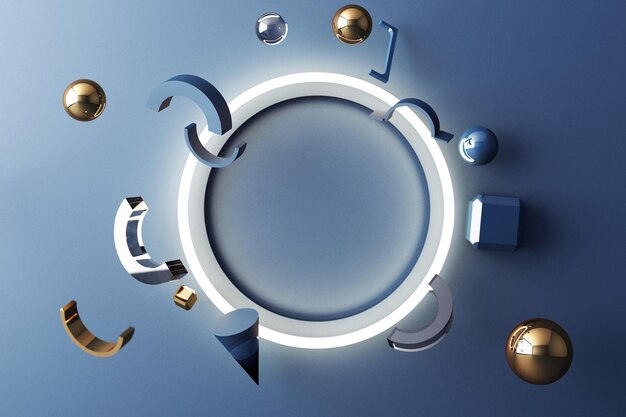 Composición de maquillaje de forma geométrica de oro y textura de vidrio con podio de color azul para el diseño del producto Ilustración 3D de renderización 3D