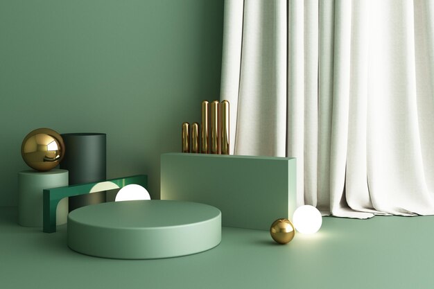 Composición de maquillaje de forma geométrica de oro y textura de vidrio con podio de color verde para el diseño del producto Ilustración 3D de renderización 3D