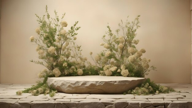 Composición material de podio vacío árbol piedra flores secas presentación del producto