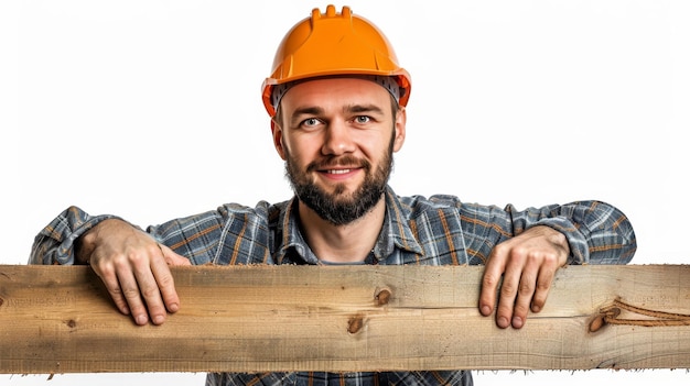 Composición minimalista de un constructor sonriente con materiales de construcción sobre un fondo blanco