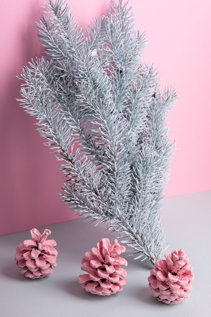 Composición minimalista navideña de pintura rosa azul de ramas y conos de abeto