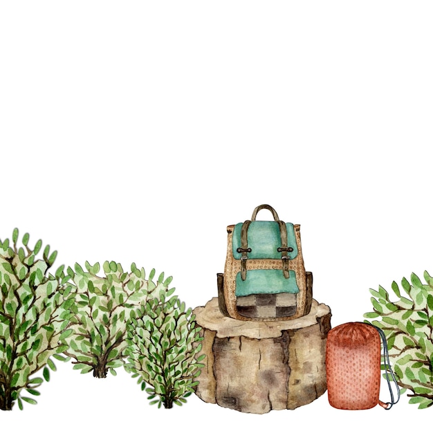 Composición de una mochila en el fondo de un tocón en el bosque Ilustración acuarela