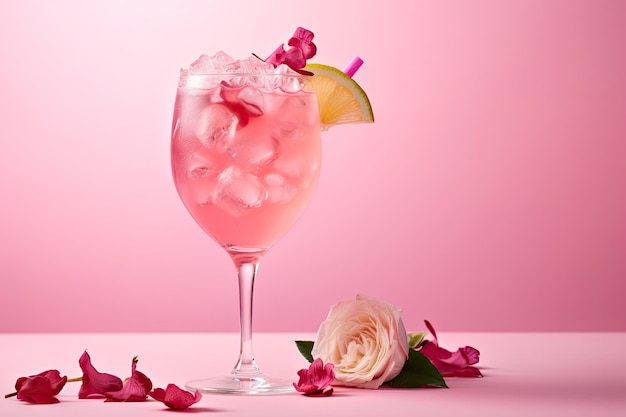 Composición con mocktail rosado decorado con pétalos de rosa y flores en flor