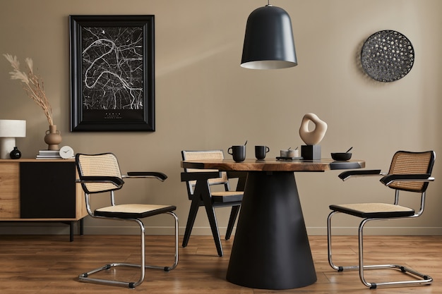 Composición moderna del interior del comedor con mesa de madera de diseño, elegantes sillas, decoración, tetera, tazas, recipiente, inodoro, mapa negro y elegantes accesorios en la decoración del hogar.