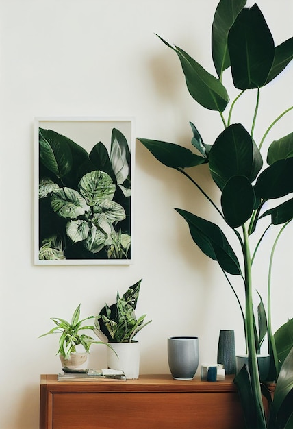 Foto composición moderna del interior de la sala de estar con marco de póster simulado marrón marco de madera cuadrado simulado con sofá y plantas verdes en la pared blanca en la sala de estar