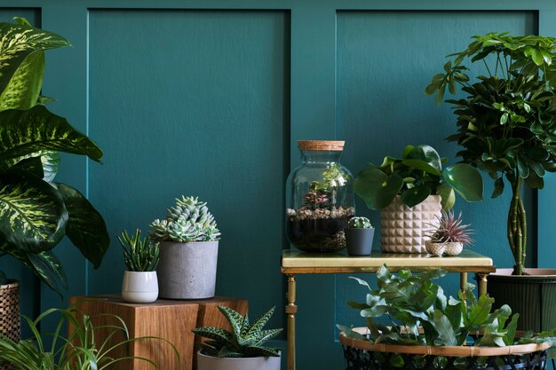 La composición moderna del jardín de la casa llenó muchas plantas hermosas, cactus, suculentas, plantas de aire en macetas de diferentes diseños. Interior de botánica con estilo. Paneles de pared verde. Plantilla concepto de jardinería doméstica