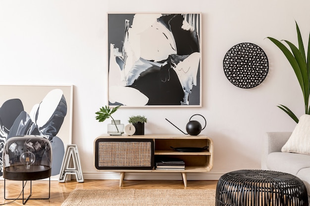 Composición moderna de la sala de estar con inodoro de diseño y maqueta de mapa en la plantilla de decoración del hogar