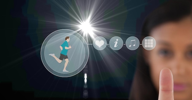 Composición de mujer tocando la pantalla con iconos digitales deportivos