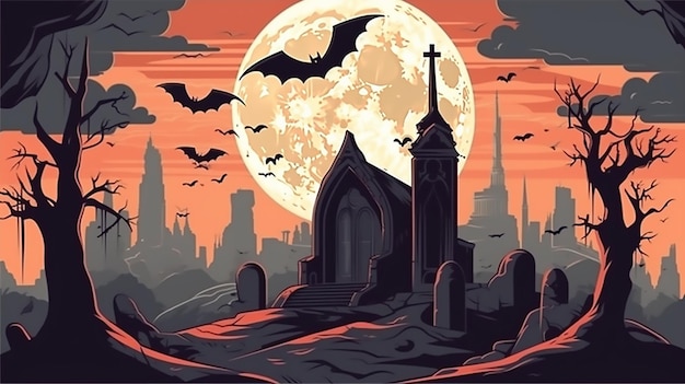 Composición de murciélago vampiro con luna de paisaje de cementerio