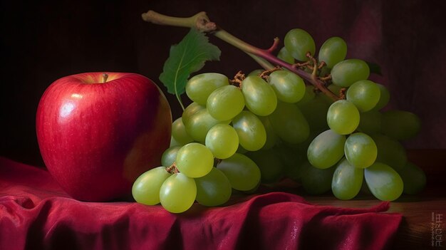 Una composición de naturaleza muerta que muestra una manzana roja madura y un ramo de uvas verdes y jugosas