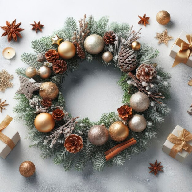 Composición de Navidad Corona de Navidad sobre fondo blanco ai generativo