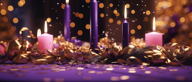 Composición de Navidad púrpura con velas decoración luces bokeh Feliz Navidad y Año Nuevo