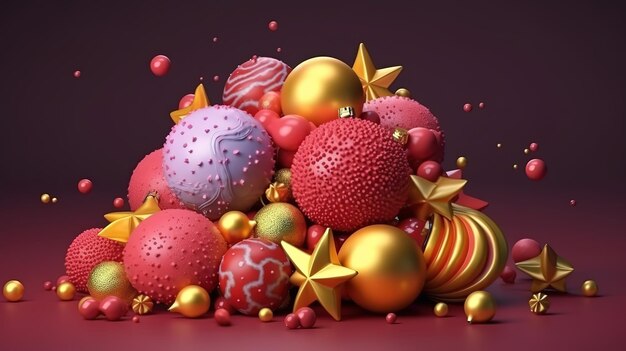 Composición navideña 3d hecha de bolas navideñas Generative Ai