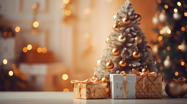 Foto composición navideña árbol de navidad con bolas doradas regalos blancos sobre fondo de bokeh y un chri