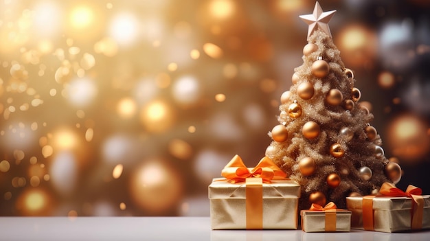 Foto composición navideña árbol de navidad con bolas doradas regalos blancos sobre fondo de bokeh y un chri