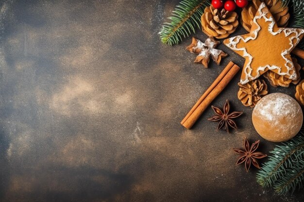 Composición navideña con cajas de regalo, bolas de tarjetas, ramas de abeto, piñas con espacio de copia Navidad