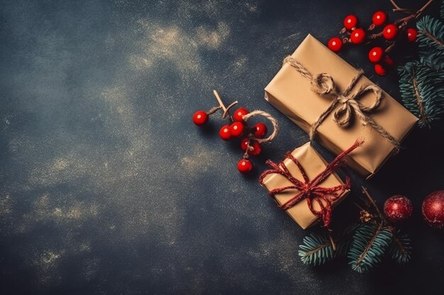 Composición navideña con cajas de regalo, bolas de tarjetas, ramas de abeto, piñas con espacio de copia Navidad