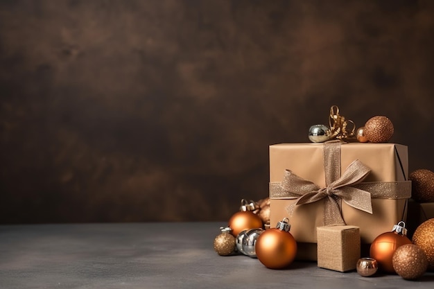 Composición navideña con cajas de regalo, bolas de tarjetas, ramas de abeto, piñas con espacio de copia Navidad