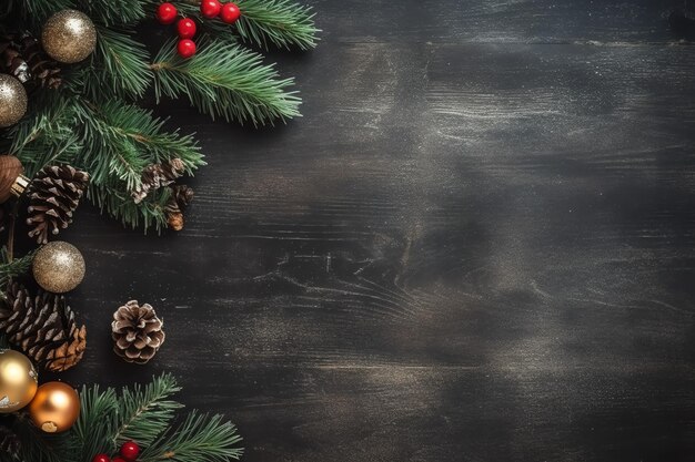 Composición navideña con cajas de regalo, bolas de tarjetas, ramas de abeto, piñas con espacio de copia Navidad